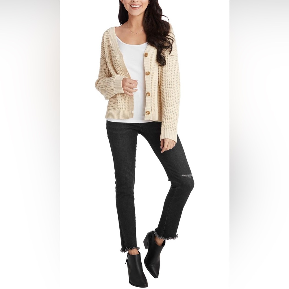 Mudpie Kara Boho Knit Button Front V-Neck Casual Neutral Cardigan Cream S/M - Picture 2 of 7